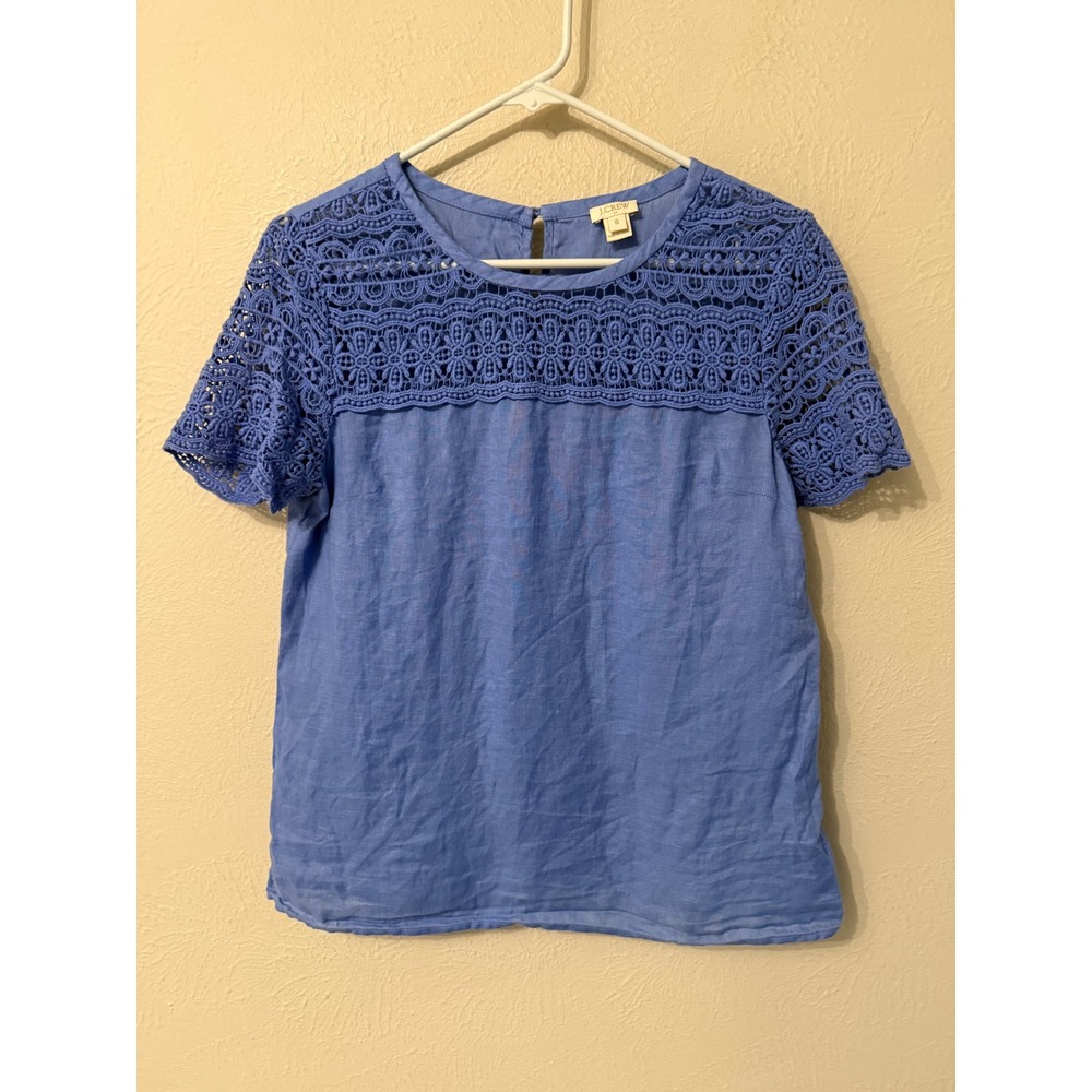 J.Crew Periwinkle Blue 100% Linen Lace Yoke Short Sleeve Top Size 6